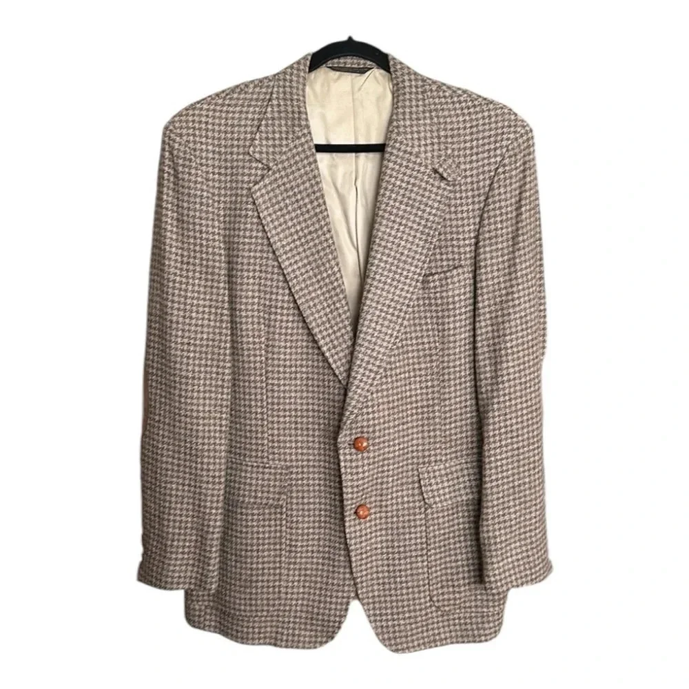 Vintage Wool Tan Houndstooth Sport Coat Blazer Academia‎ Career Elbow Patch 42L